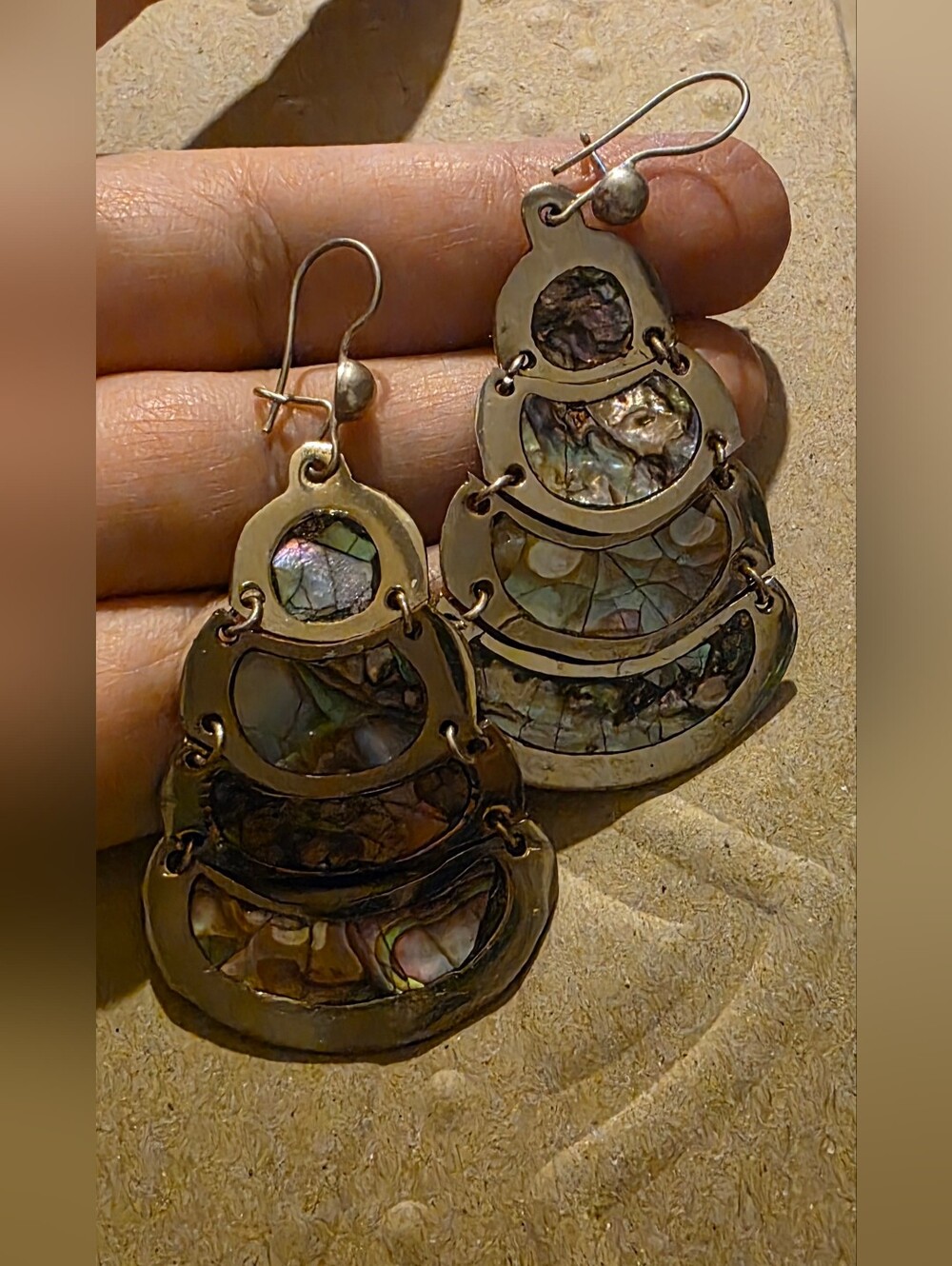 Vintage 1960s 3 Tier Alpaca & Abalone Chandalier Earrings Handmade in Méx